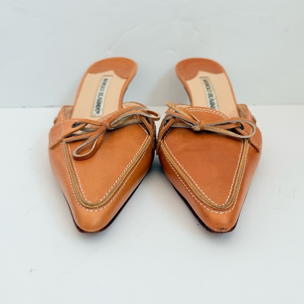 Manolo Blahnik Vintage Brown Leather Bow Lace Up Kitten Heel Mule pumps EU 38 - Picture 3 of 8